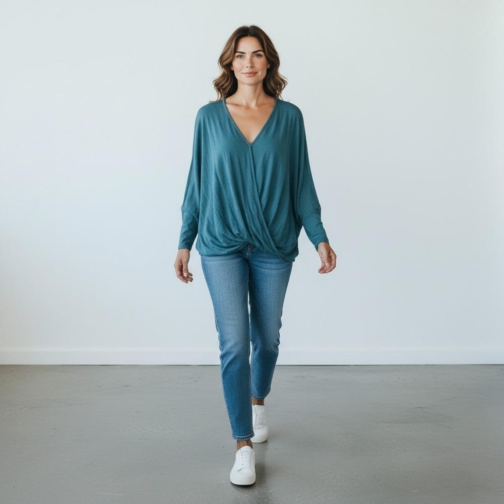 Kori America Plus Women's XL Teal Cross Over Draped Front V-neck Oversized Tunic